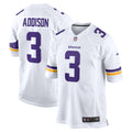 Minnesota Vikings Jordan Addison White Away Game Jersey product image 1, provided for visual reference and product detail
