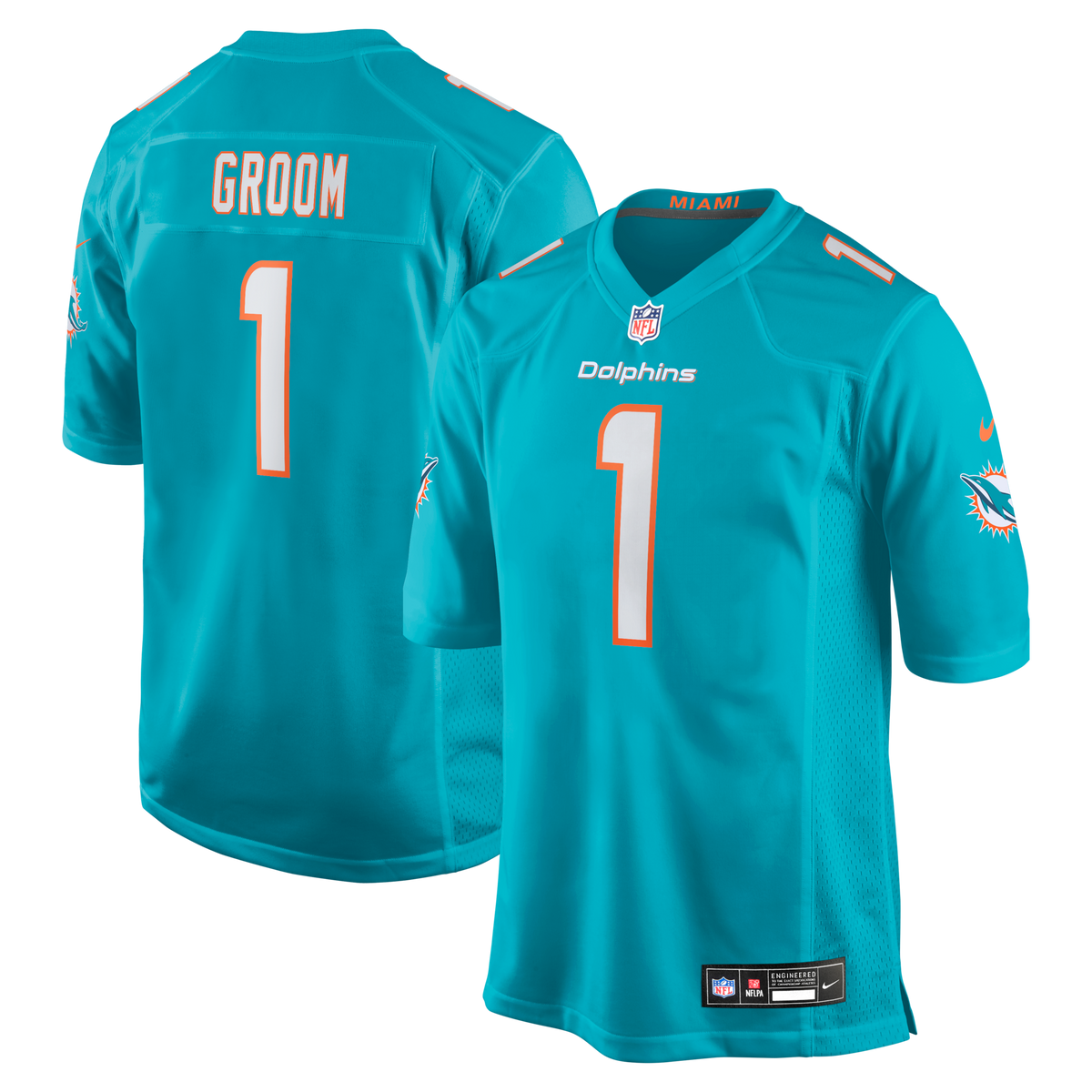 Miami Dolphins Number 1 Groom Aqua Game Jersey product image 1, provided for visual reference and product detail review