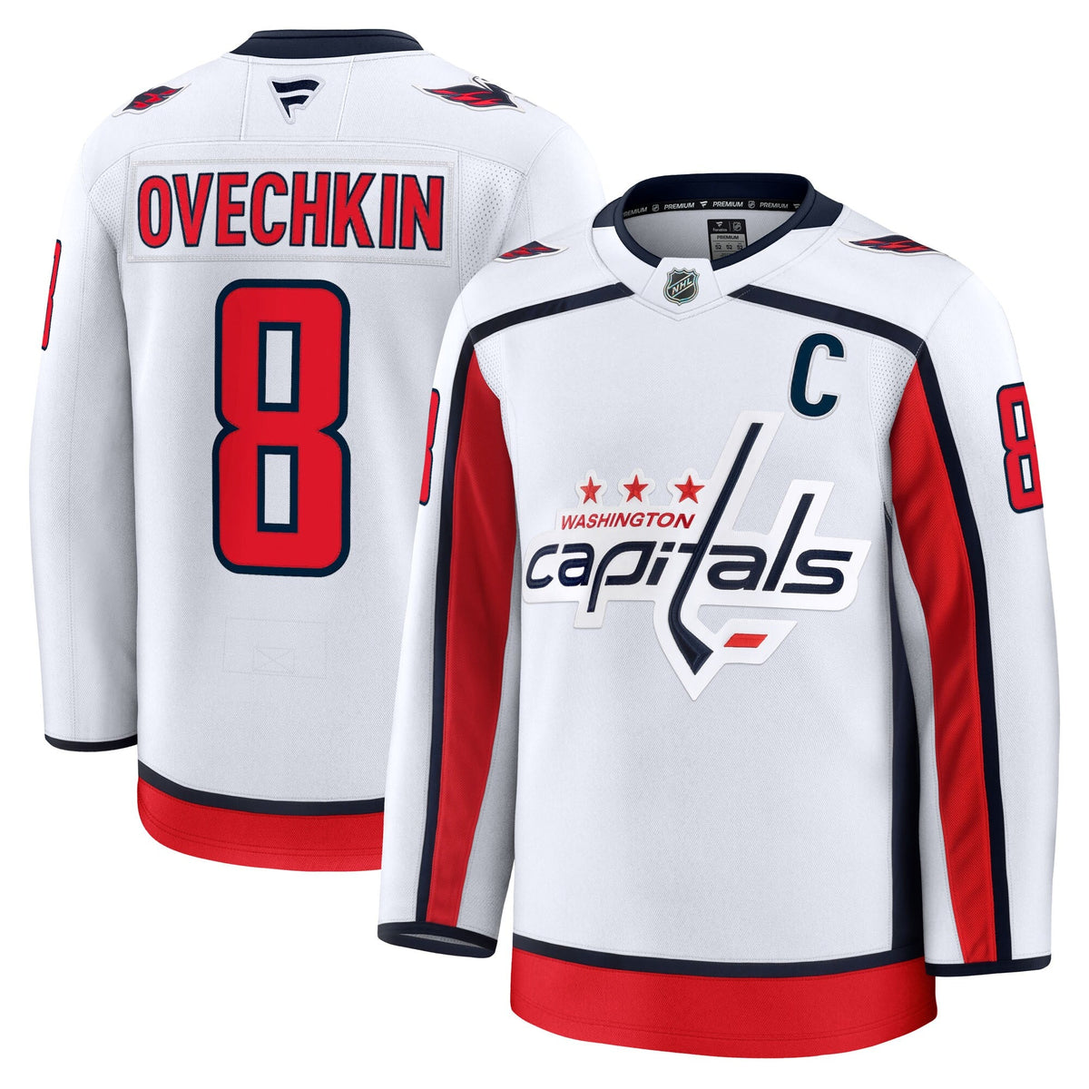 Washington Capitals Alexander Ovechkin White Away Premium Jersey product image 2, provided for visual reference and product