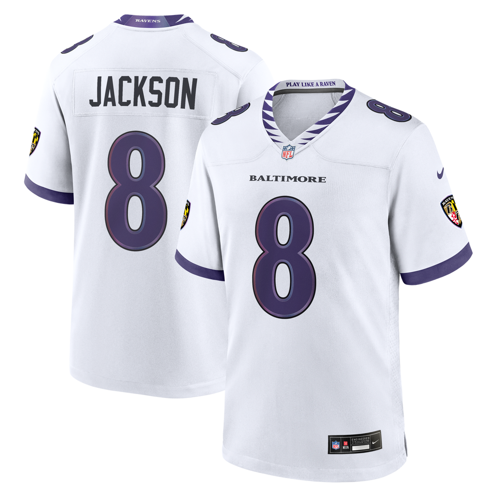 Baltimore Ravens Lamar Jackson White Game Jersey product image 2, provided for visual reference and product detail review