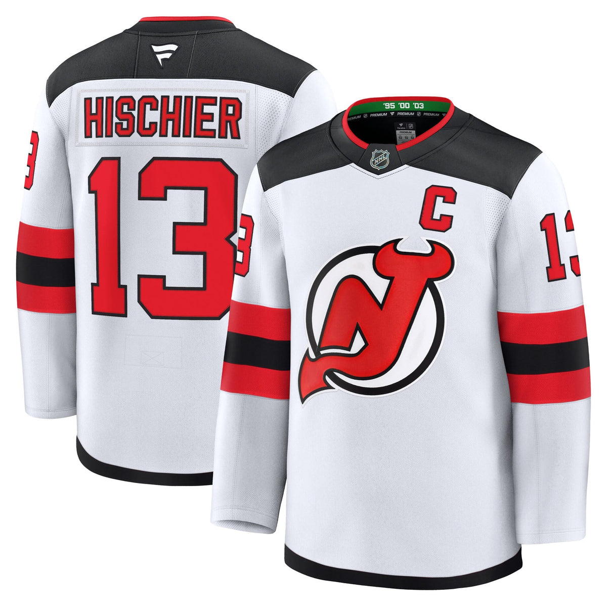 New Jersey Devils Nico Hischier White Away Premium Jersey product image 2, provided for visual reference and product detail