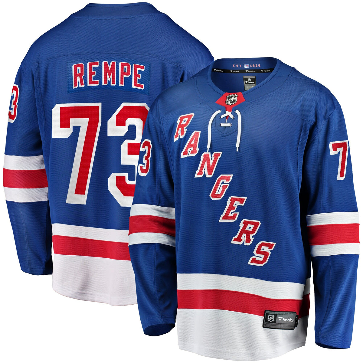 New York Rangers Matt Rempe Blue Home Breakaway Jersey product image 1, provided for visual reference and product detail