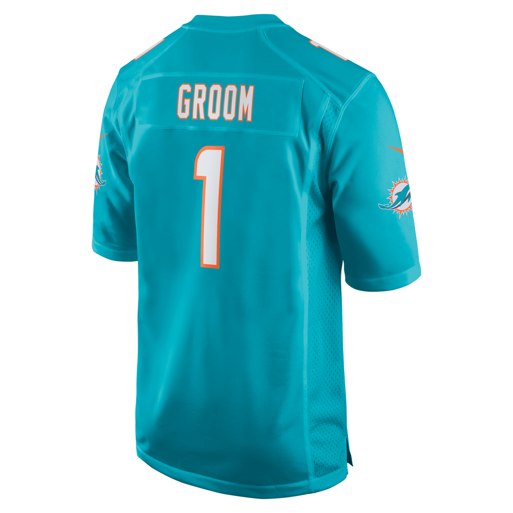 Miami Dolphins Number 1 Groom Aqua Game Jersey product image 3, provided for visual reference and product detail review