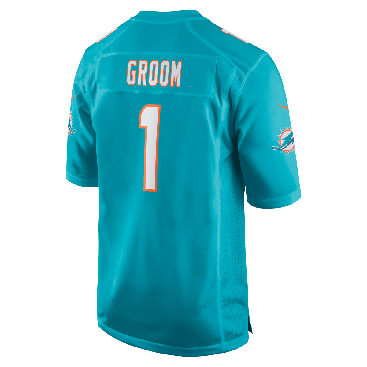 Miami Dolphins Number 1 Groom Aqua Game Jersey product image 3, provided for visual reference and product detail review