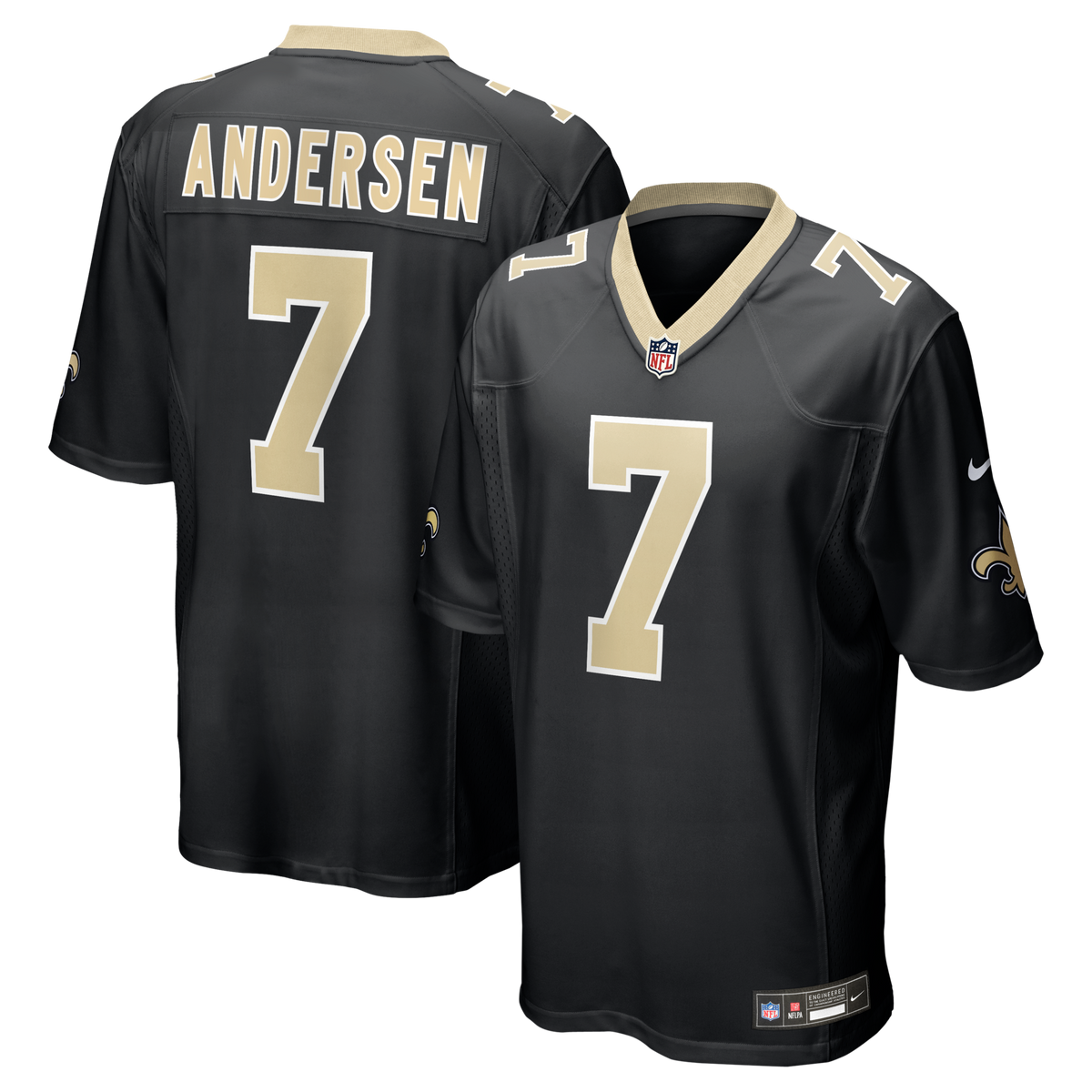 New Orleans Saints Morten Andersen Black Game Retired Player Jersey product image 1, provided for visual reference and