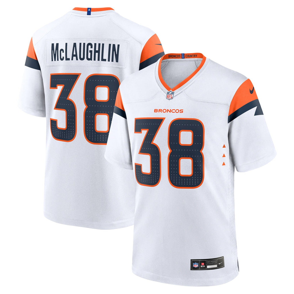 Denver Broncos Jaleel McLaughlin White Game Jersey product image 1, provided for visual reference and product detail review