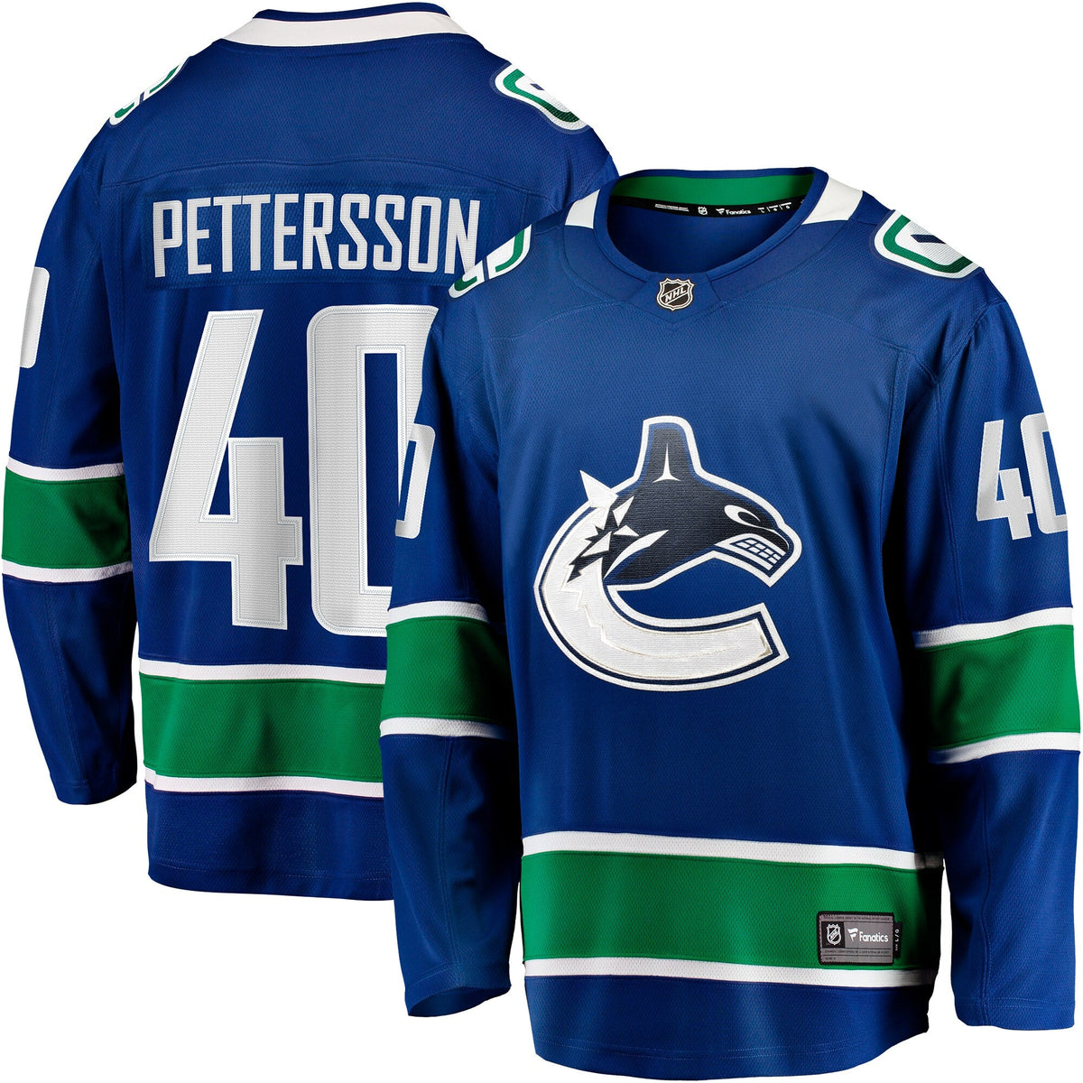 Vancouver Canucks Elias Pettersson Blue Home Breakaway Jersey product image 1, provided for visual reference and product