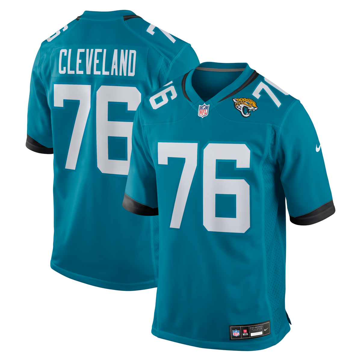 Jacksonville Jaguars Ezra Cleveland Teal Game Jersey product image 1, provided for visual reference and product detail review