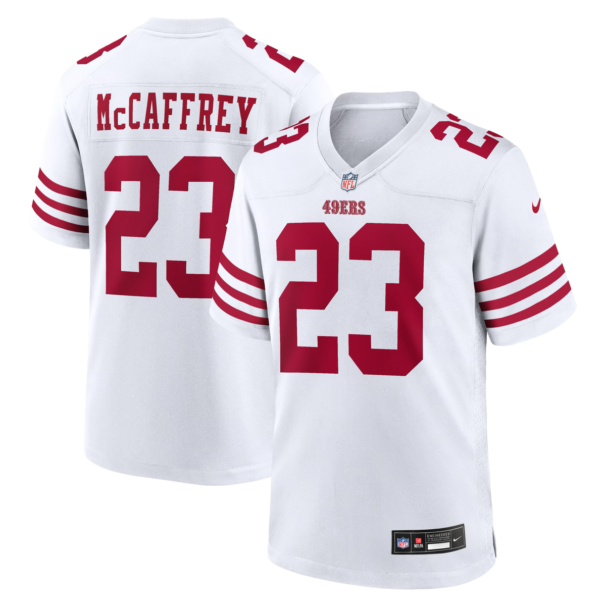 San Francisco 49ers Christian McCaffrey White Game Player Jersey product image 2, provided for visual reference and product