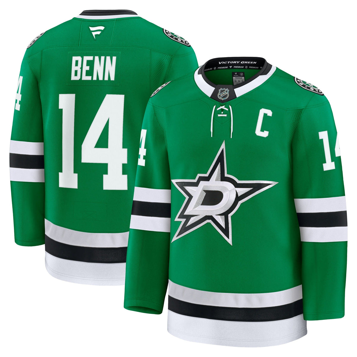 Dallas Stars Jamie Benn Kelly Green Home Premium Jersey product image 1, provided for visual reference and product detail