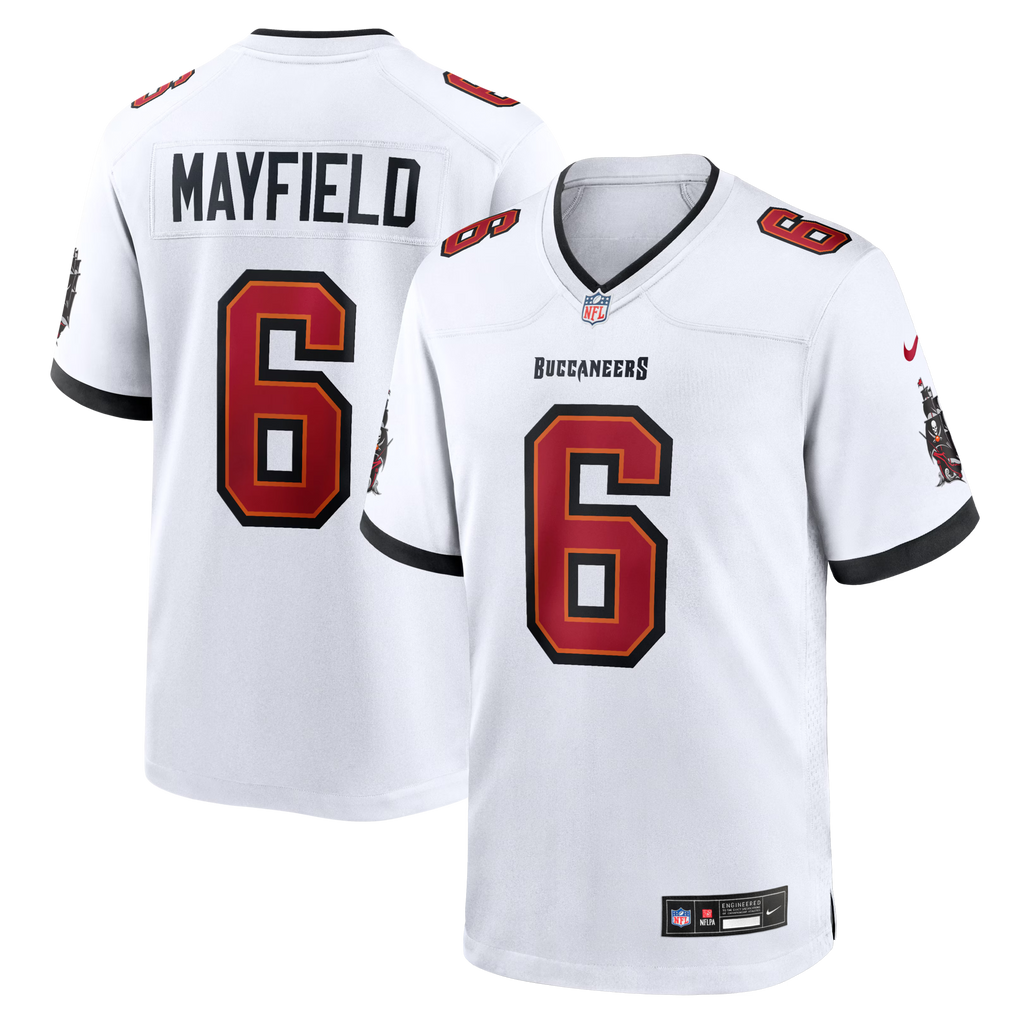 Tampa Bay Buccaneers Baker Mayfield White Away Game Jersey product image 1, provided for visual reference and product detail