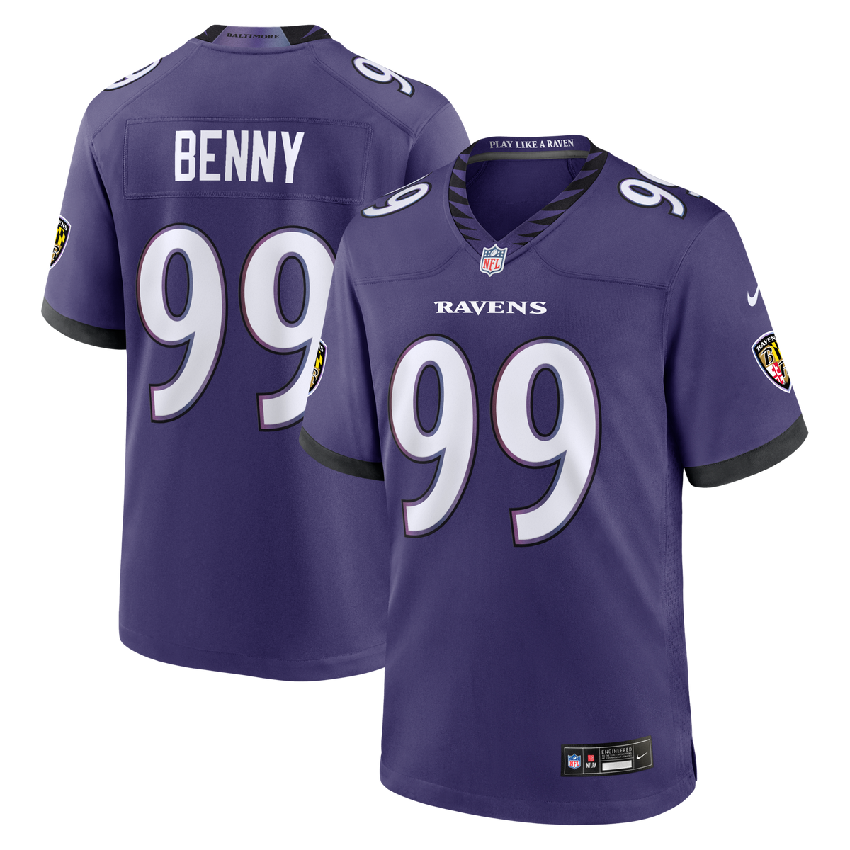 Baltimore Ravens Rayshaun Benny Purple Team Game Jersey product image 1, provided for visual reference and product detail