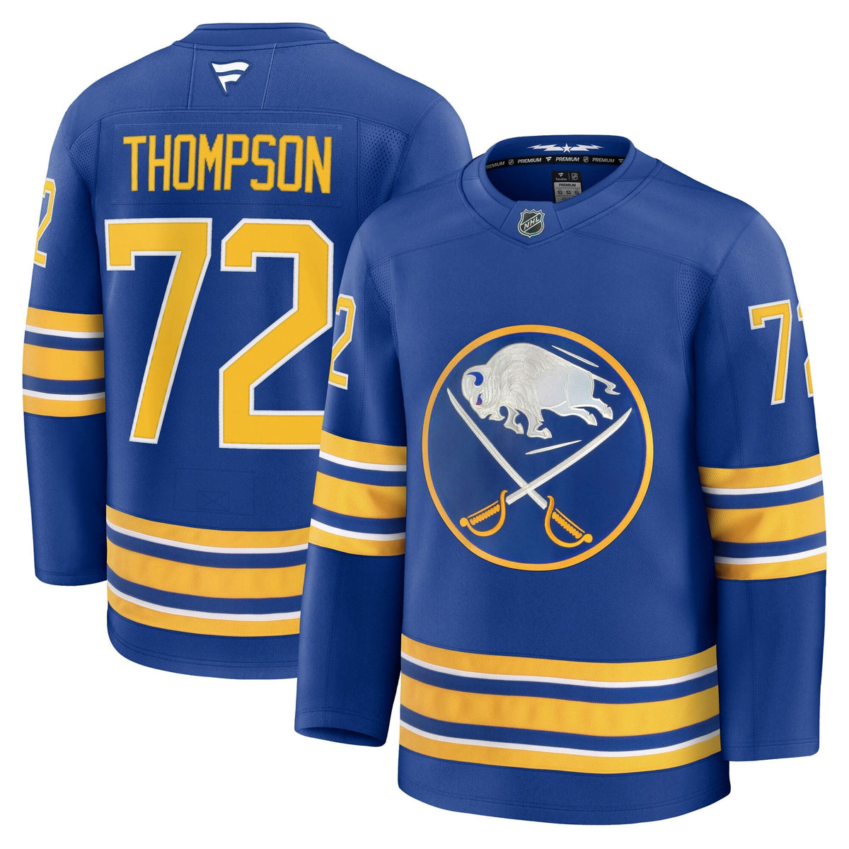 Buffalo Sabres Tage Thompson Royal Home Premium Jersey product image 1, provided for visual reference and product detail