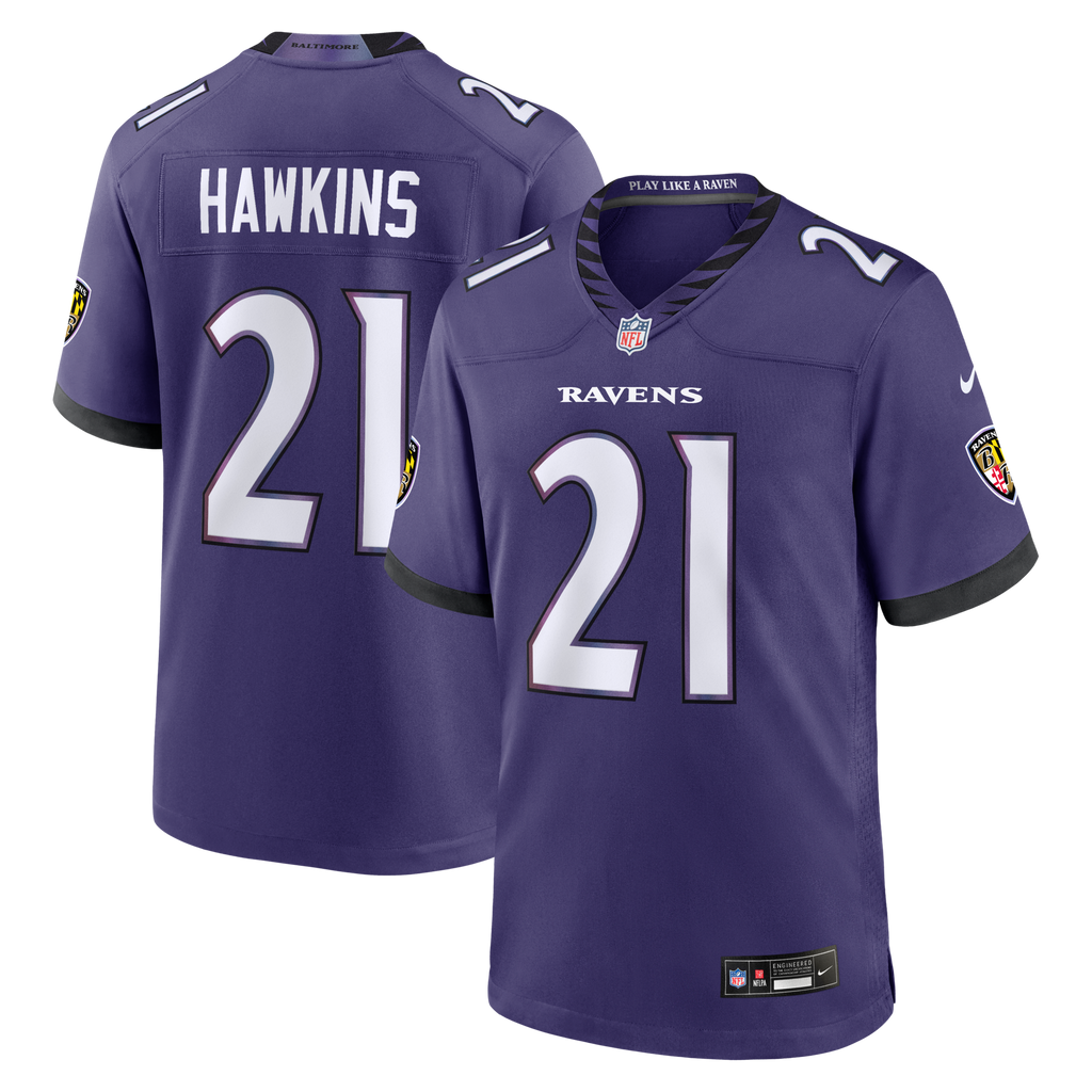 Baltimore Ravens Jaylinn Hawkins Purple Team Game Jersey product image 1, provided for visual reference and product detail