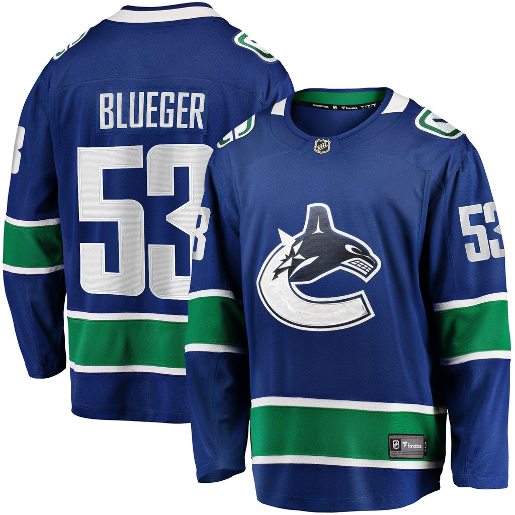 Vancouver Canucks Teddy Blueger Blue Home Breakaway Jersey product image 1, provided for visual reference and product detail