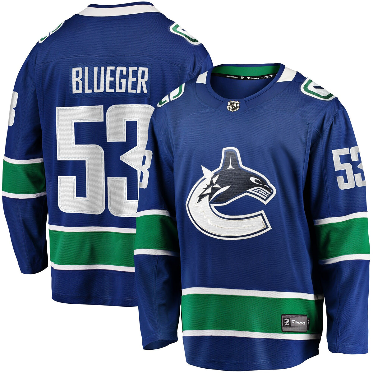 Vancouver Canucks Teddy Blueger Blue Home Breakaway Jersey product image 1, provided for visual reference and product detail