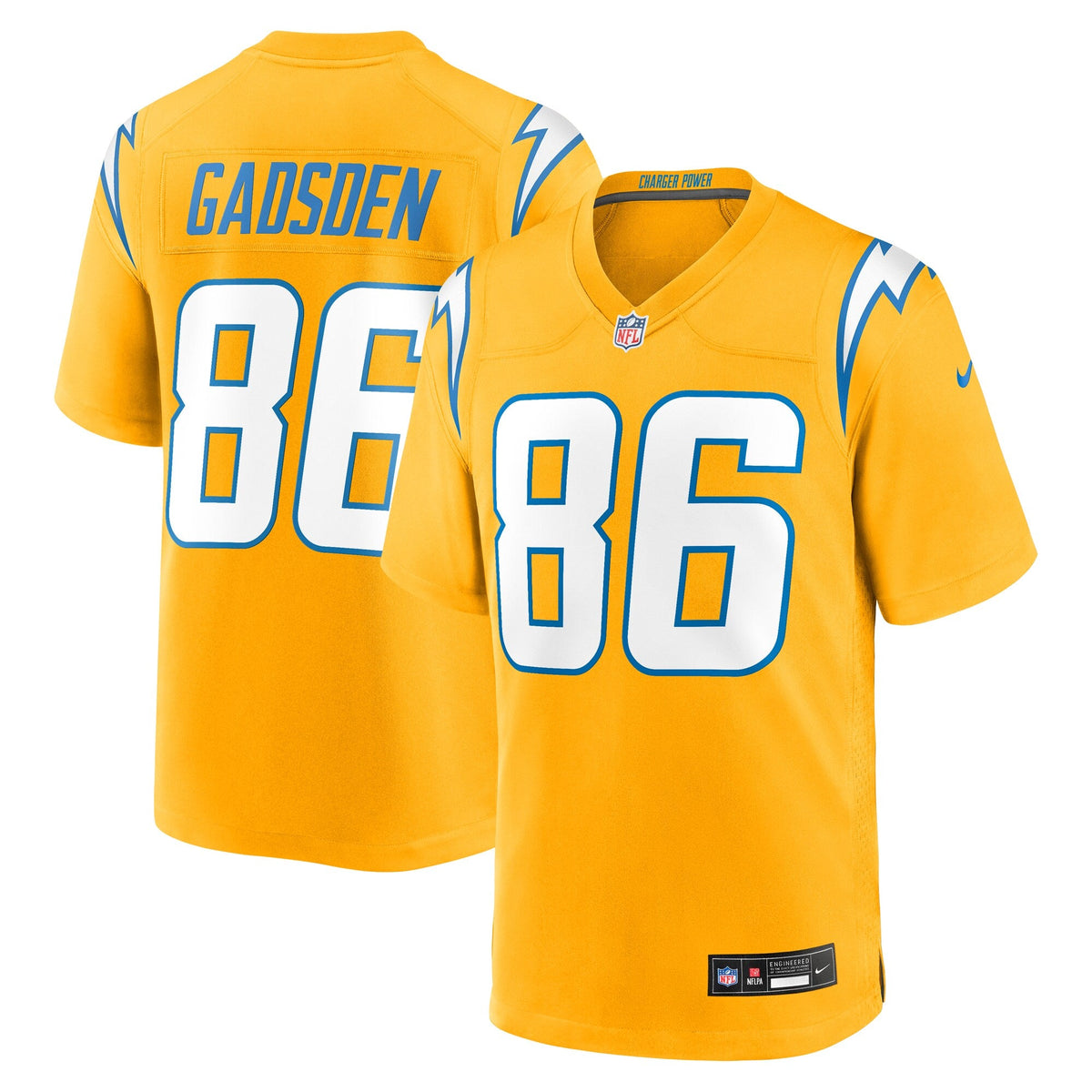 Los Angeles Chargers Oronde Gadsden Gold Alternate Charger Power Game Jersey product image 1, provided for visual reference