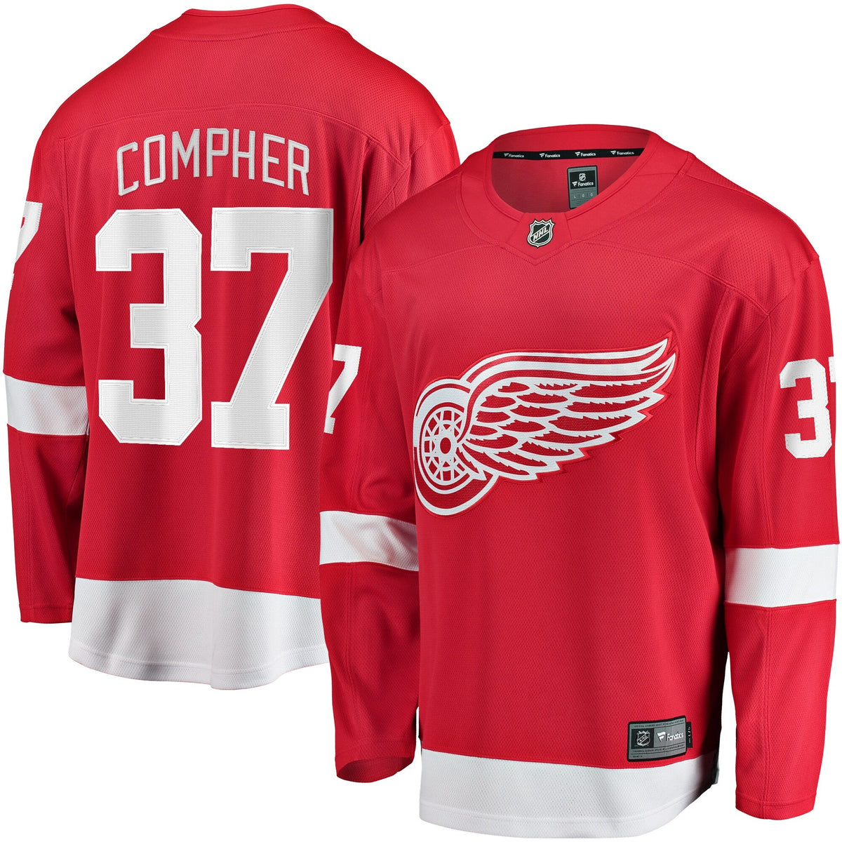 Detroit Red Wings J.T. Compher Red Home Breakaway Jersey product image 1, provided for visual reference and product detail