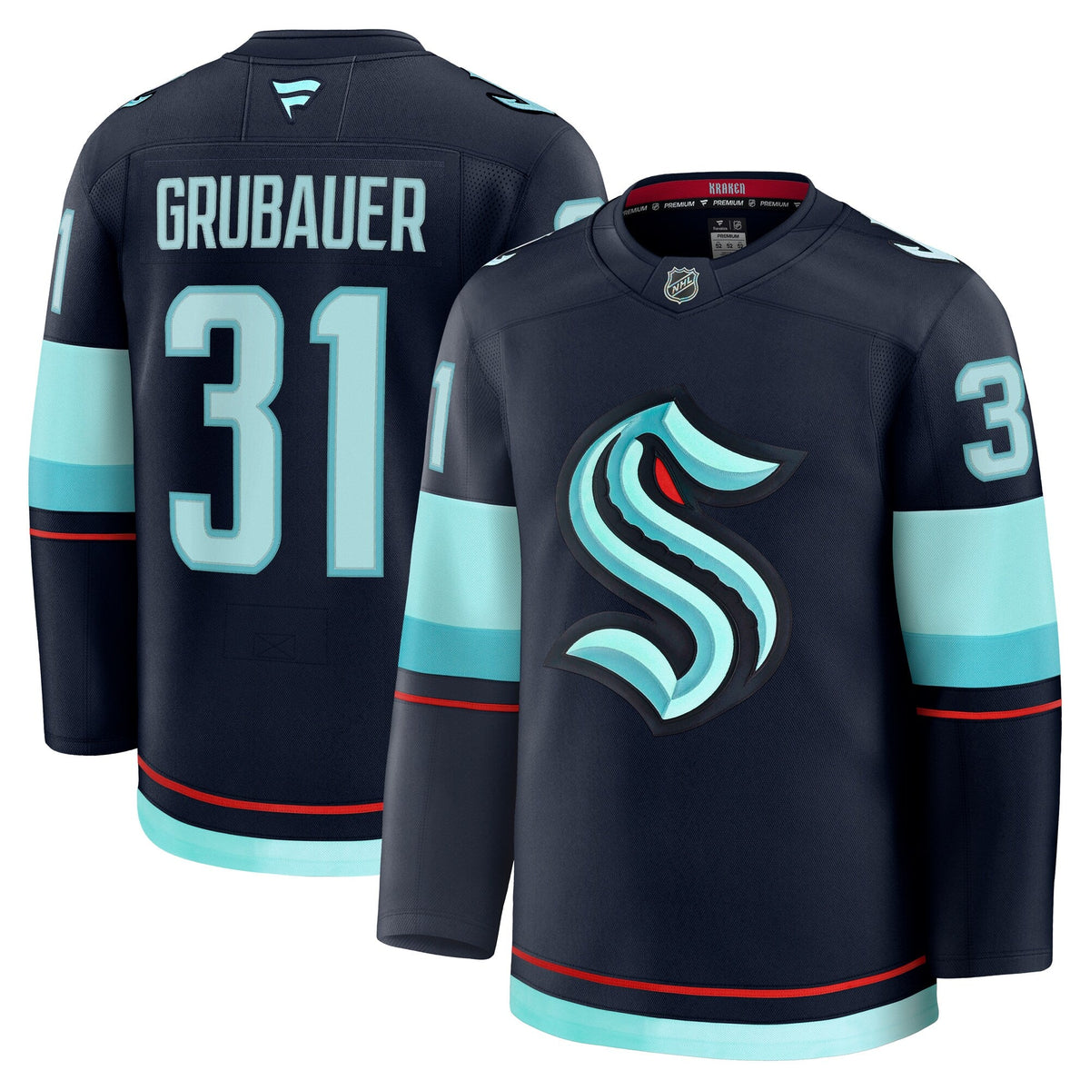 Seattle Kraken Philipp Grubauer Deep Sea Blue Home Premium Jersey product image 2, provided for visual reference and product