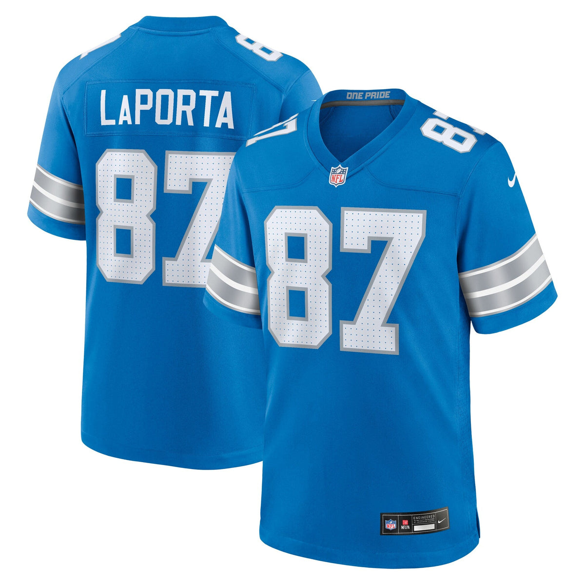 Detroit Lions Sam LaPorta Blue Game Jersey product image 2, provided for visual reference and product detail review