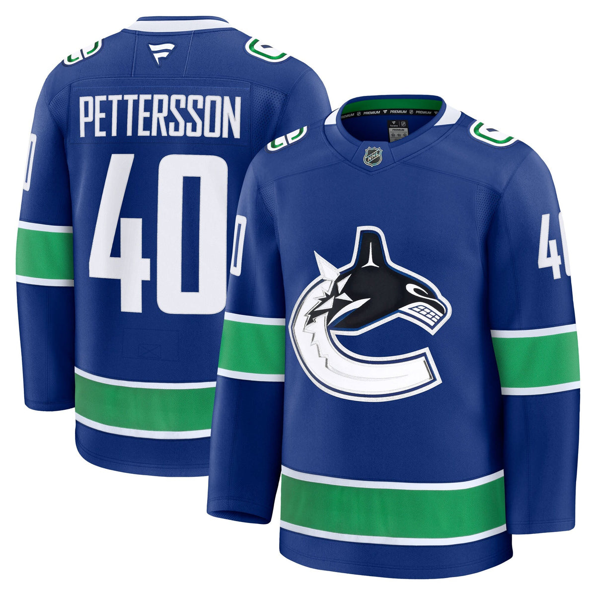 Vancouver Canucks Elias Pettersson Blue Home Premium Jersey product image 1, provided for visual reference and product