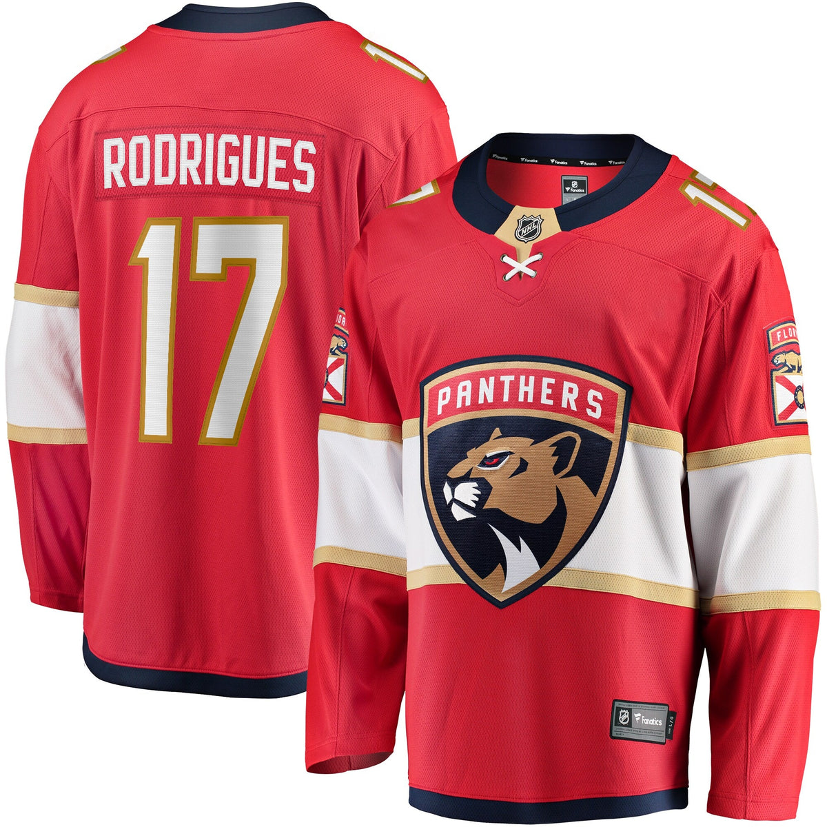 Florida Panthers Evan Rodrigues Red Home Breakaway Jersey product image 1, provided for visual reference and product detail