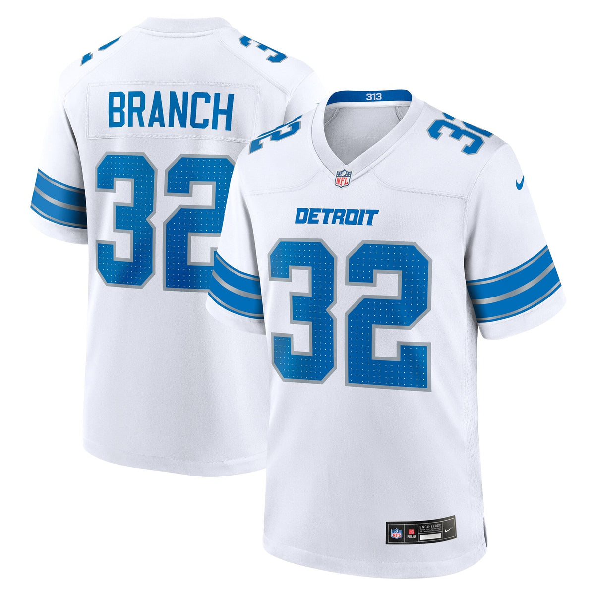 Detroit Lions Brian Branch White White Game Jersey product image 1, provided for visual reference and product detail review