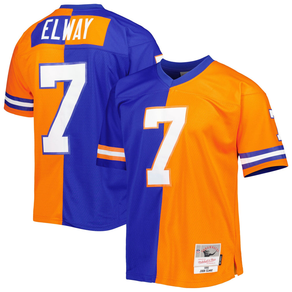 Denver Broncos John Elway Royal/Orange 1990 Split Legacy Replica Jersey product image 2, provided for visual reference and