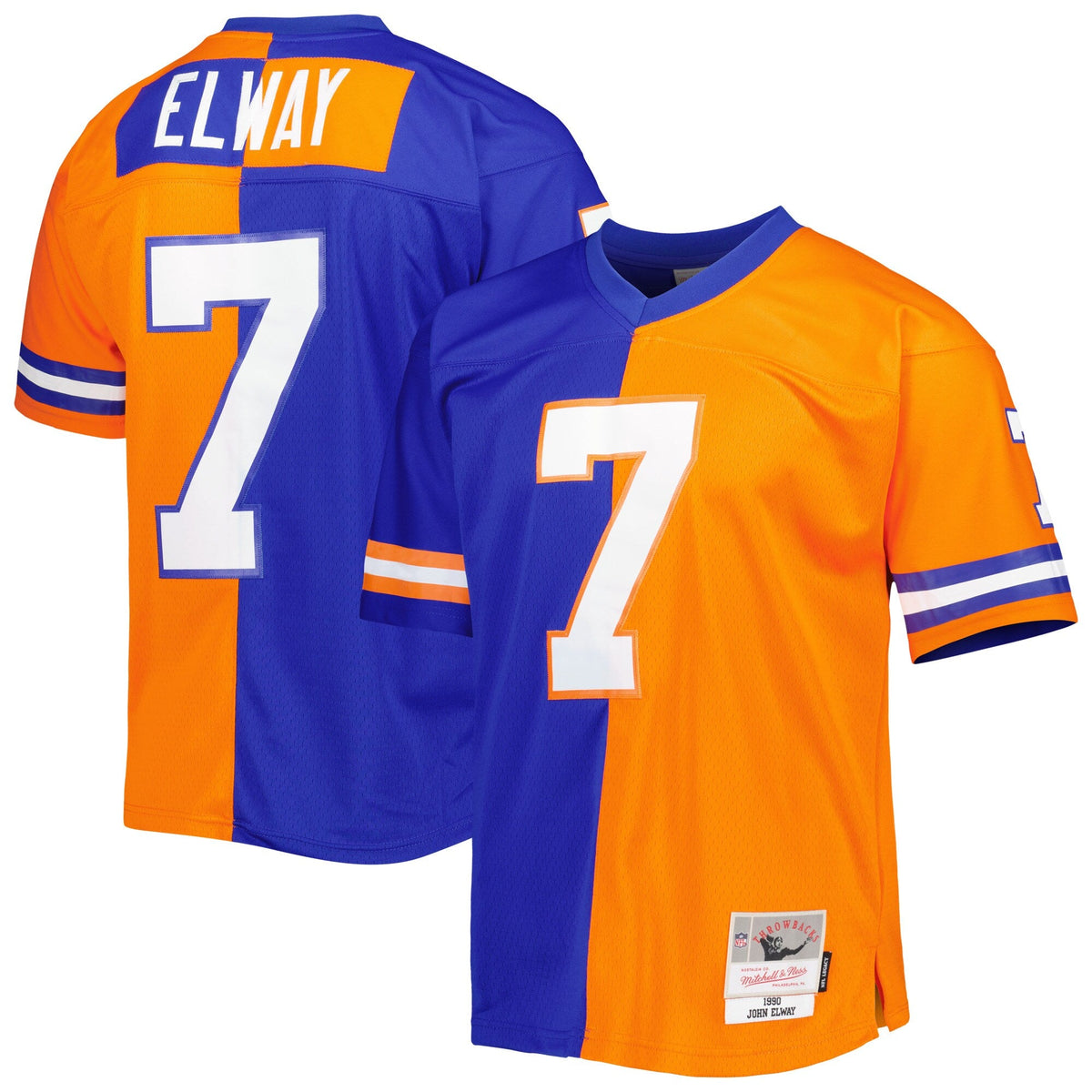 Denver Broncos John Elway Royal/Orange 1990 Split Legacy Replica Jersey product image 2, provided for visual reference and