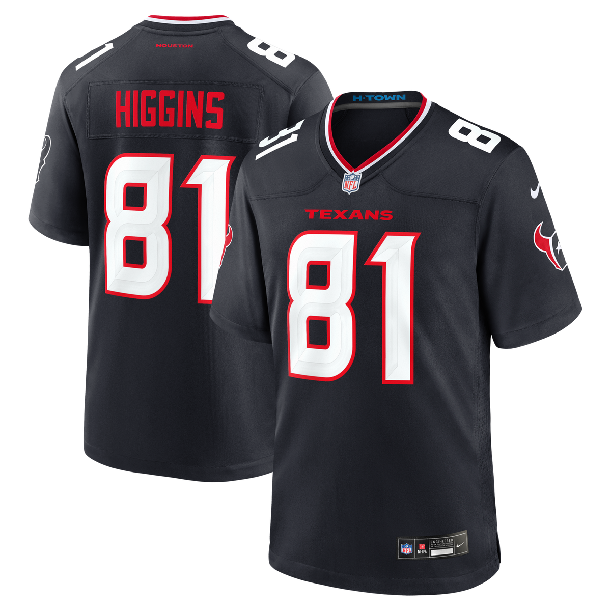 Houston Texans Jayden Higgins Navy Game Jersey product image 1, provided for visual reference and product detail review