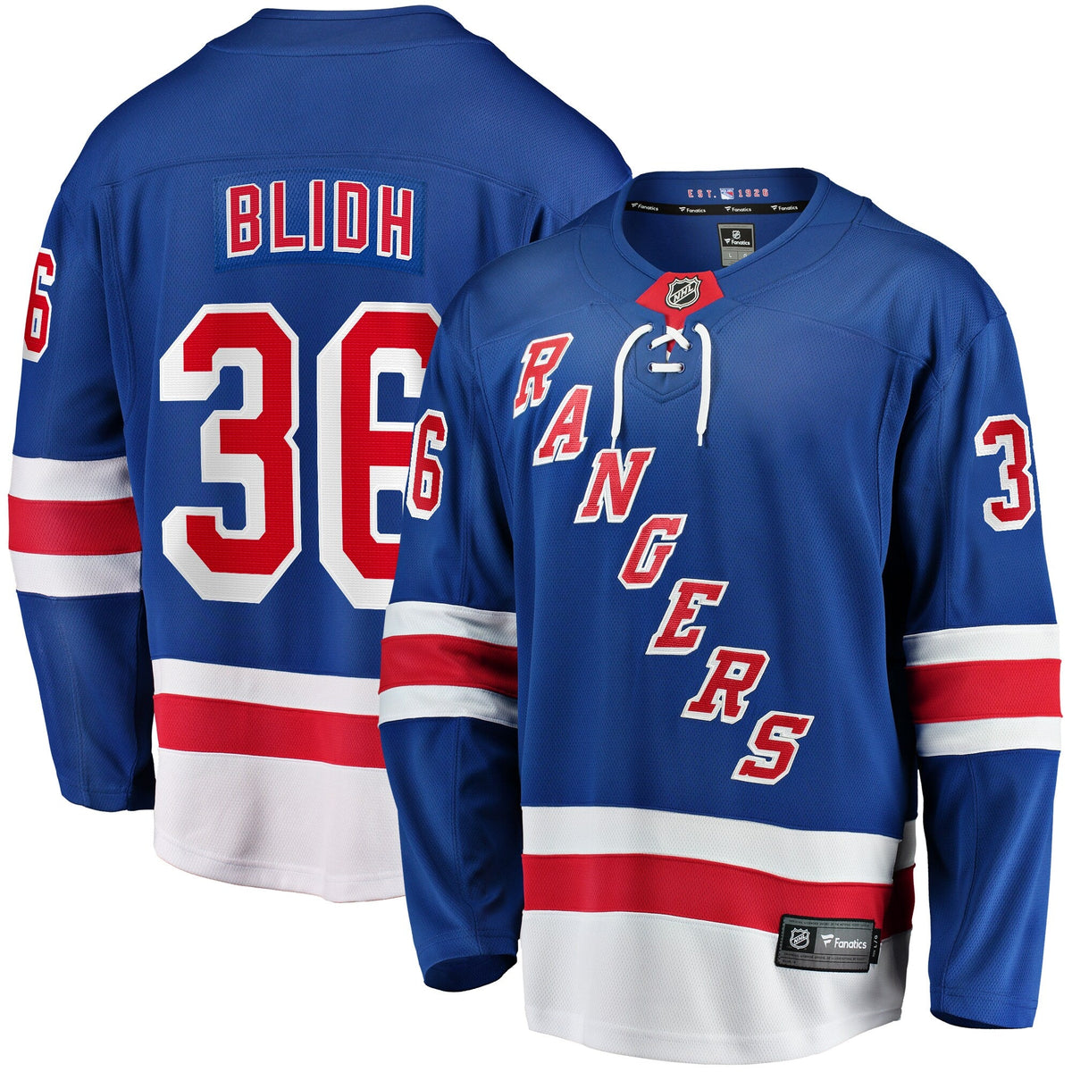 New York Rangers Anton Blidh Blue Home Breakaway Jersey product image 1, provided for visual reference and product detail