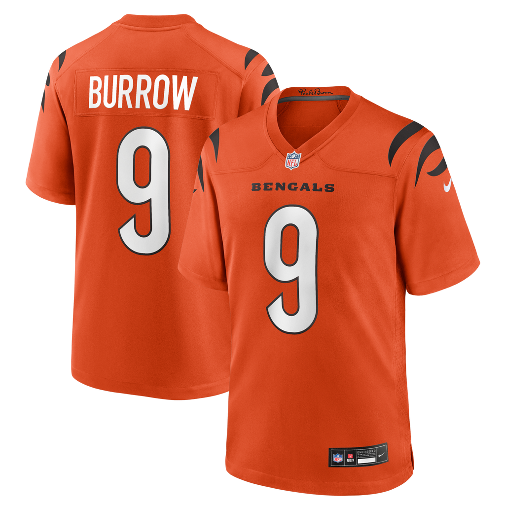 Cincinnati Bengals Joe Burrow Orange Alternate Game Jersey product image 1, provided for visual reference and product detail