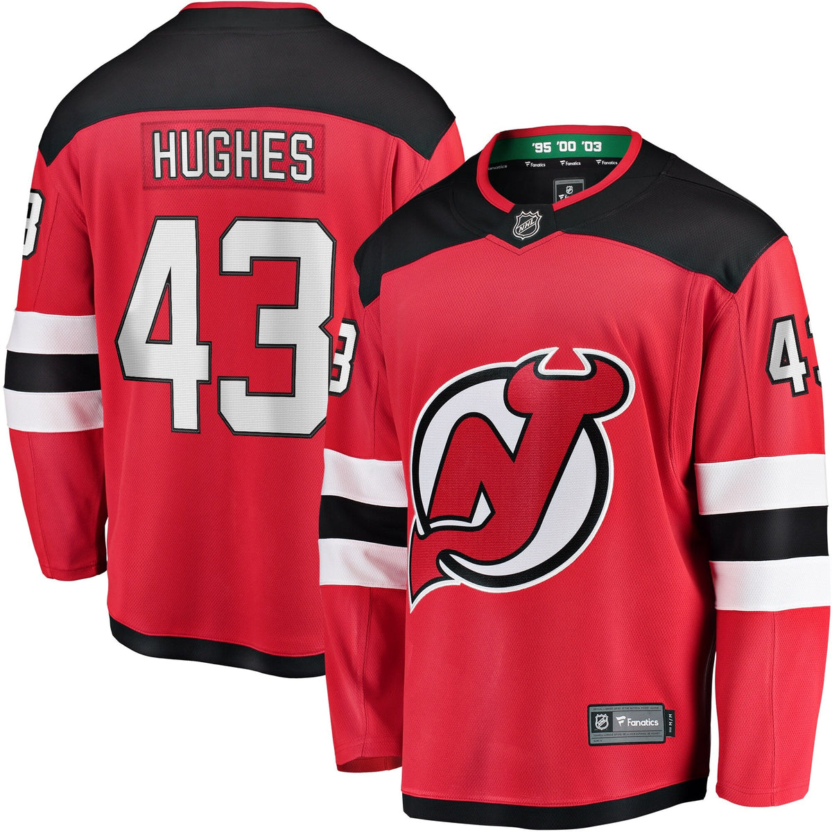 New Jersey Devils Luke Hughes Red Home Breakaway Player Jersey product image 2, provided for visual reference and product
