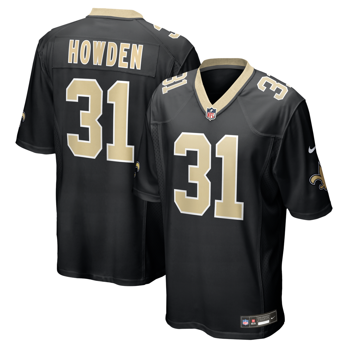 New Orleans Saints Jordan Howden Black Team Game Jersey product image 1, provided for visual reference and product detail