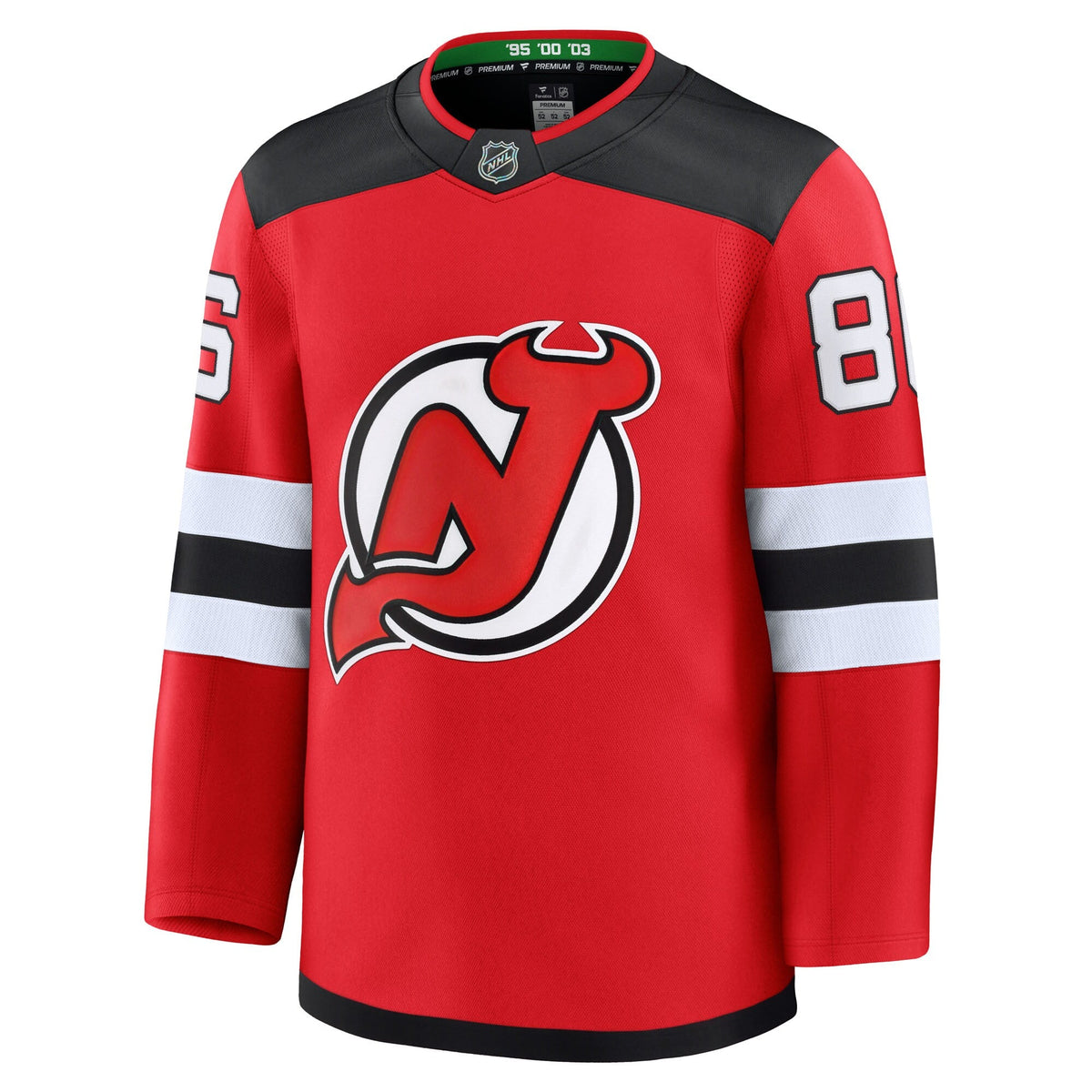 New Jersey Devils Jack Hughes Red Home Premium Jersey product image 3, provided for visual reference and product detail