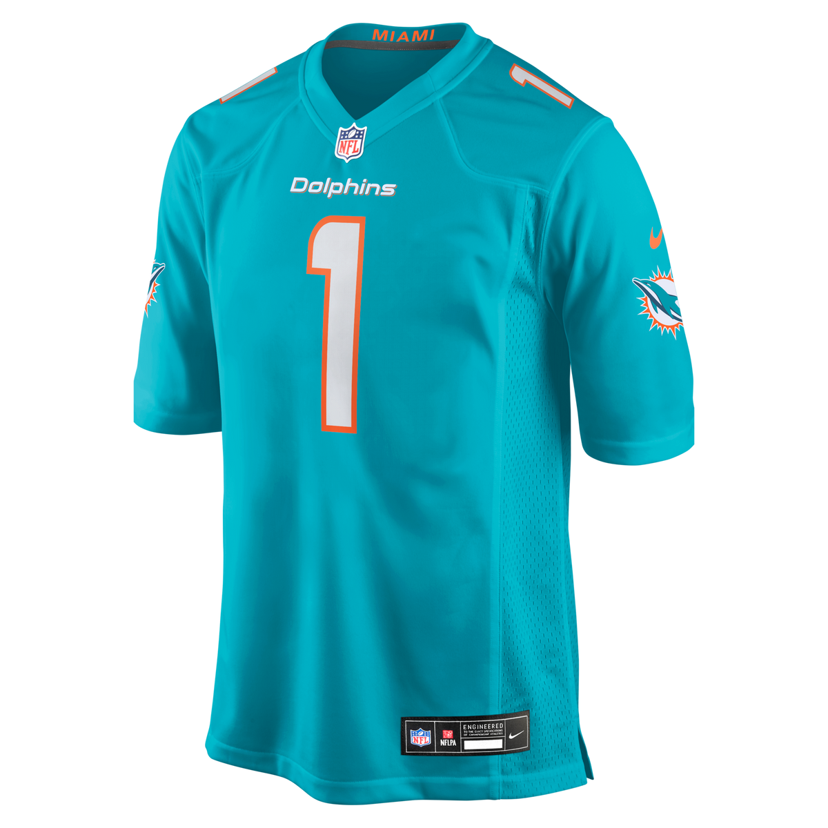 Miami Dolphins Number 1 Groom Aqua Game Jersey product image 2, provided for visual reference and product detail review