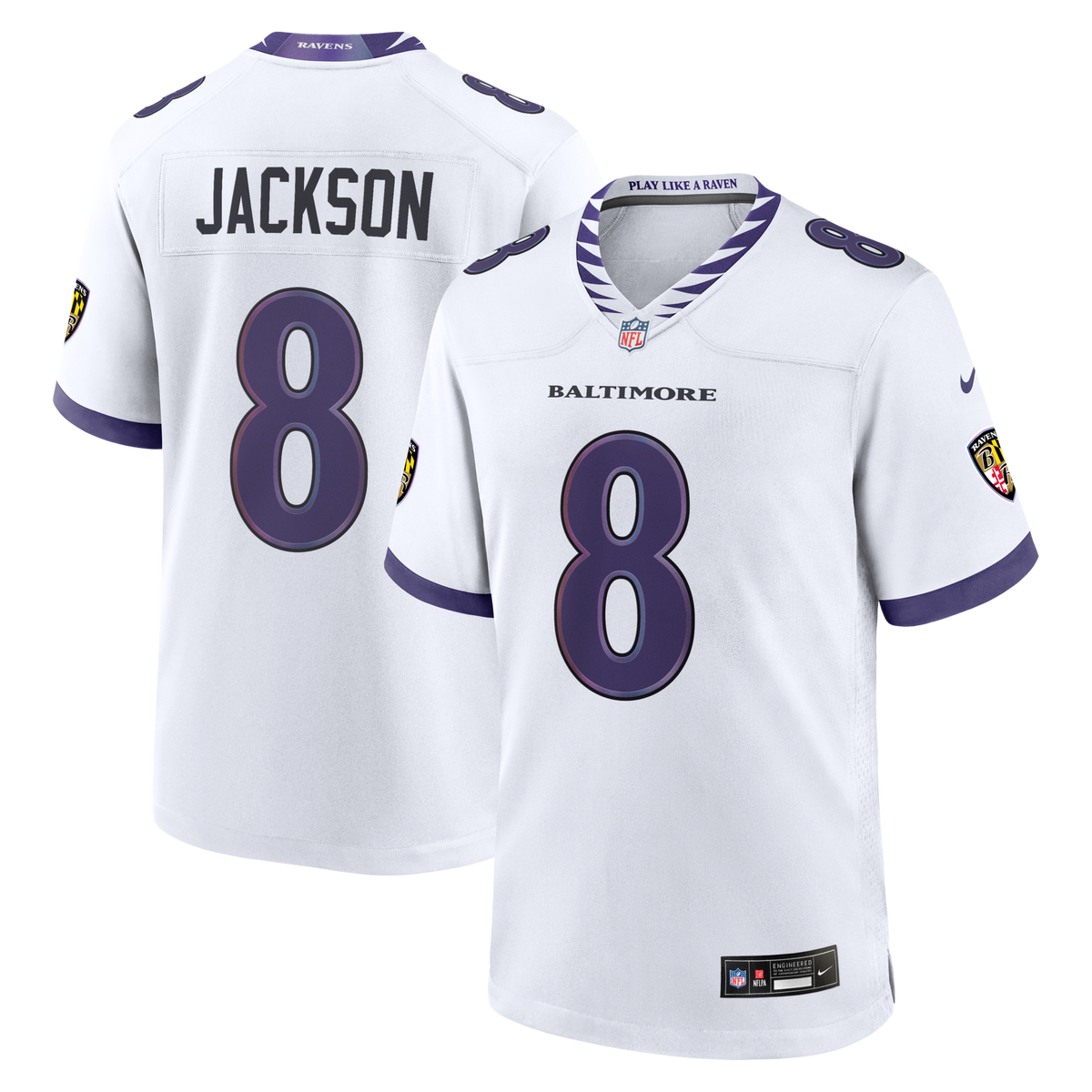 Baltimore Ravens Lamar Jackson White Game Jersey product image 1, provided for visual reference and product detail review