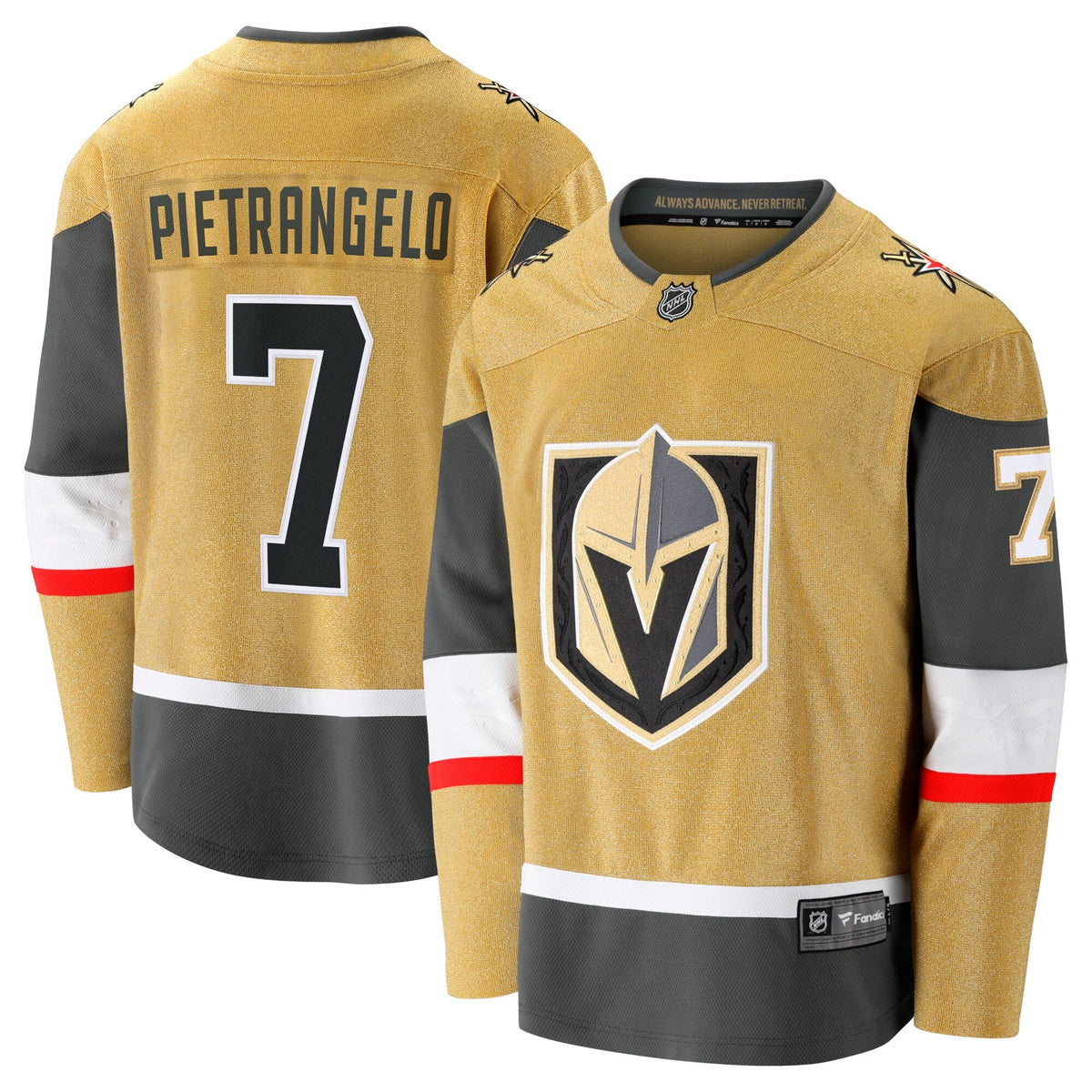 Vegas Golden Knights Alex Pietrangelo Gold Home Breakaway Jersey product image 1, provided for visual reference and product