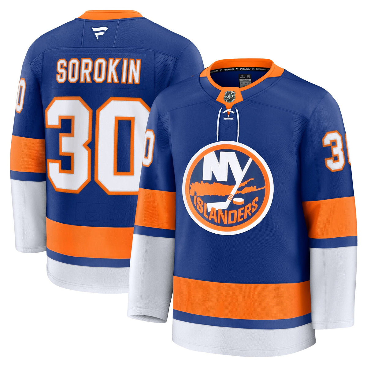 New York Islanders Ilya Sorokin Royal Home Premium Jersey product image 1, provided for visual reference and product detail