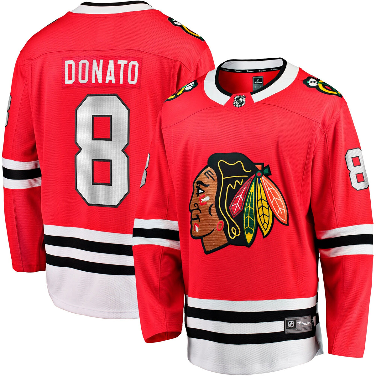 Chicago Blackhawks Ryan Donato Red Home Breakaway Jersey product image 1, provided for visual reference and product detail
