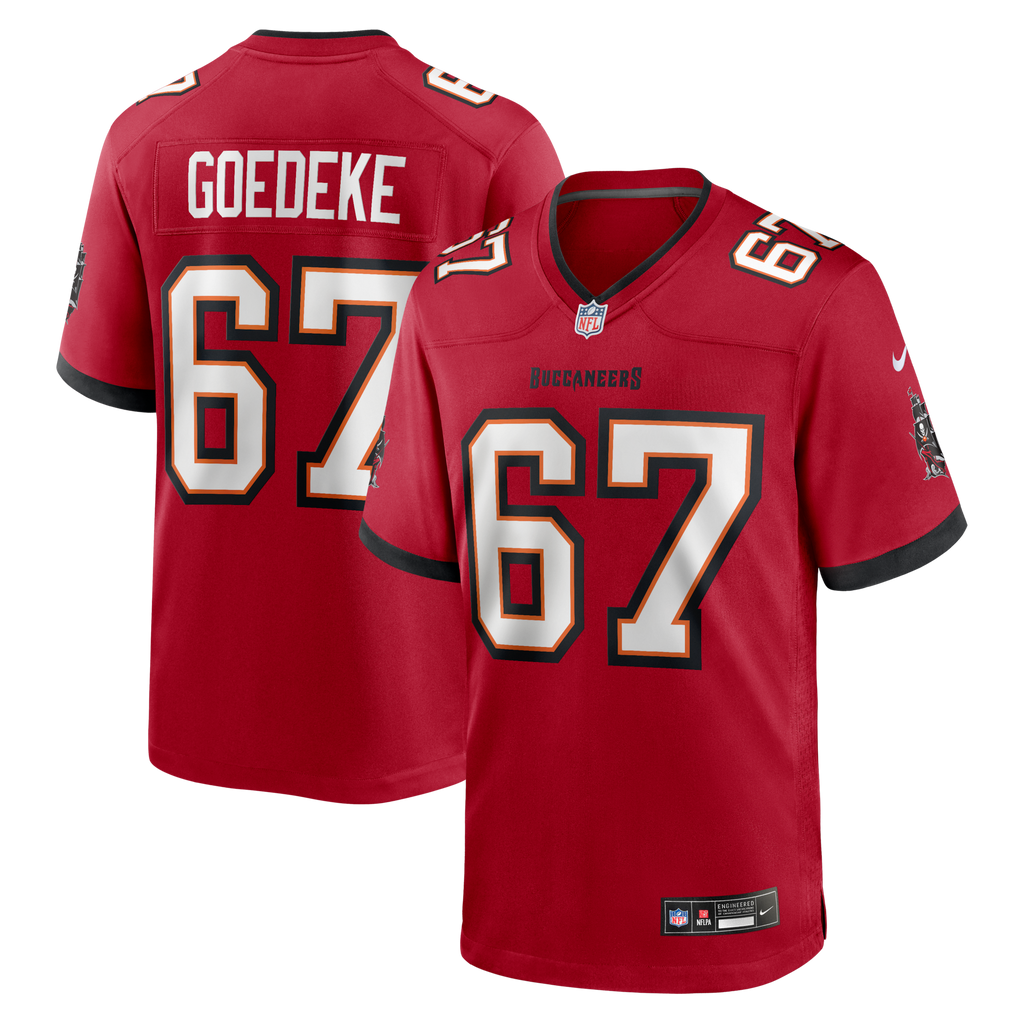 Tampa Bay Buccaneers Luke Goedeke Red Game Player Jersey product image 1, provided for visual reference and product detail