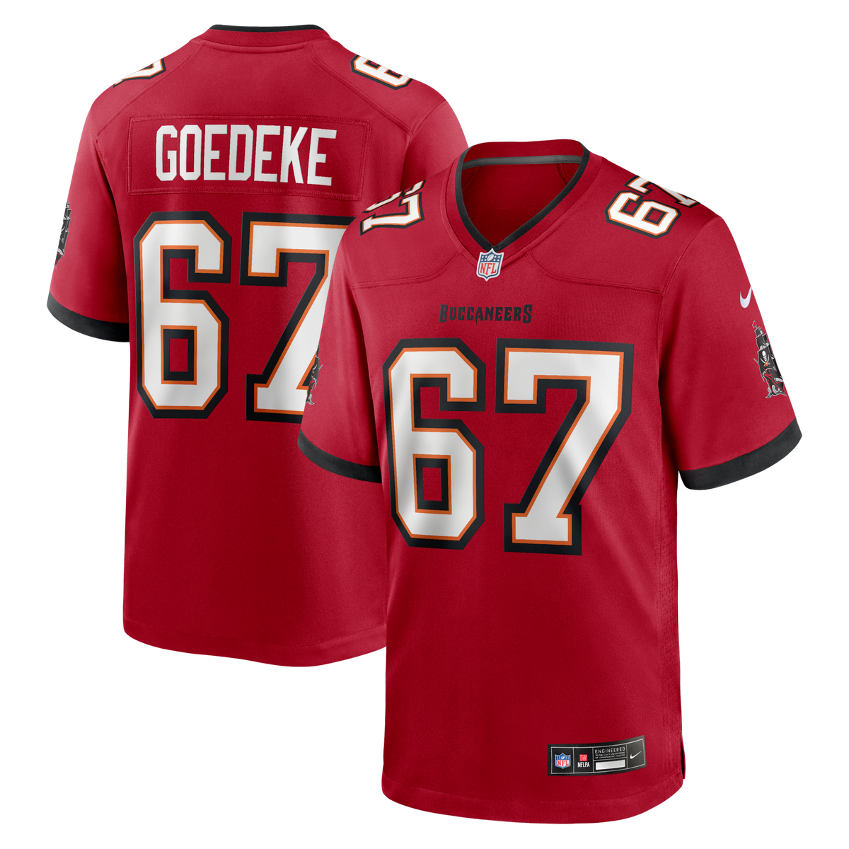 Tampa Bay Buccaneers Luke Goedeke Red Game Player Jersey product image 1, provided for visual reference and product detail