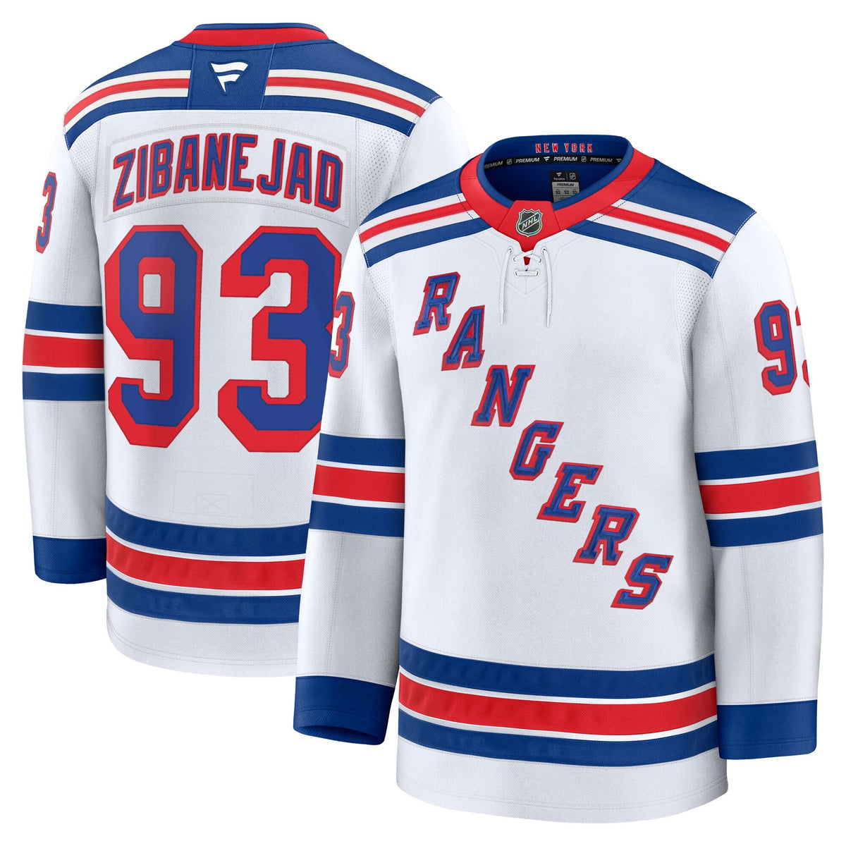 New York Rangers Mika Zibanejad White Away Premium Jersey product image 2, provided for visual reference and product detail
