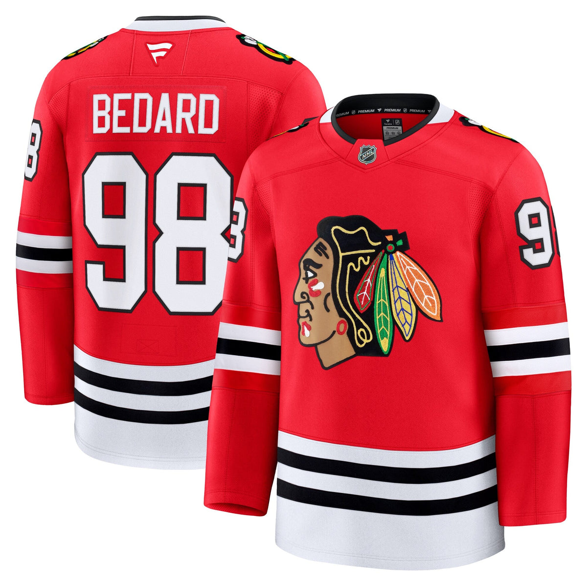 Chicago Blackhawks Connor Bedard Red Home Premium Jersey product image 1, provided for visual reference and product detail