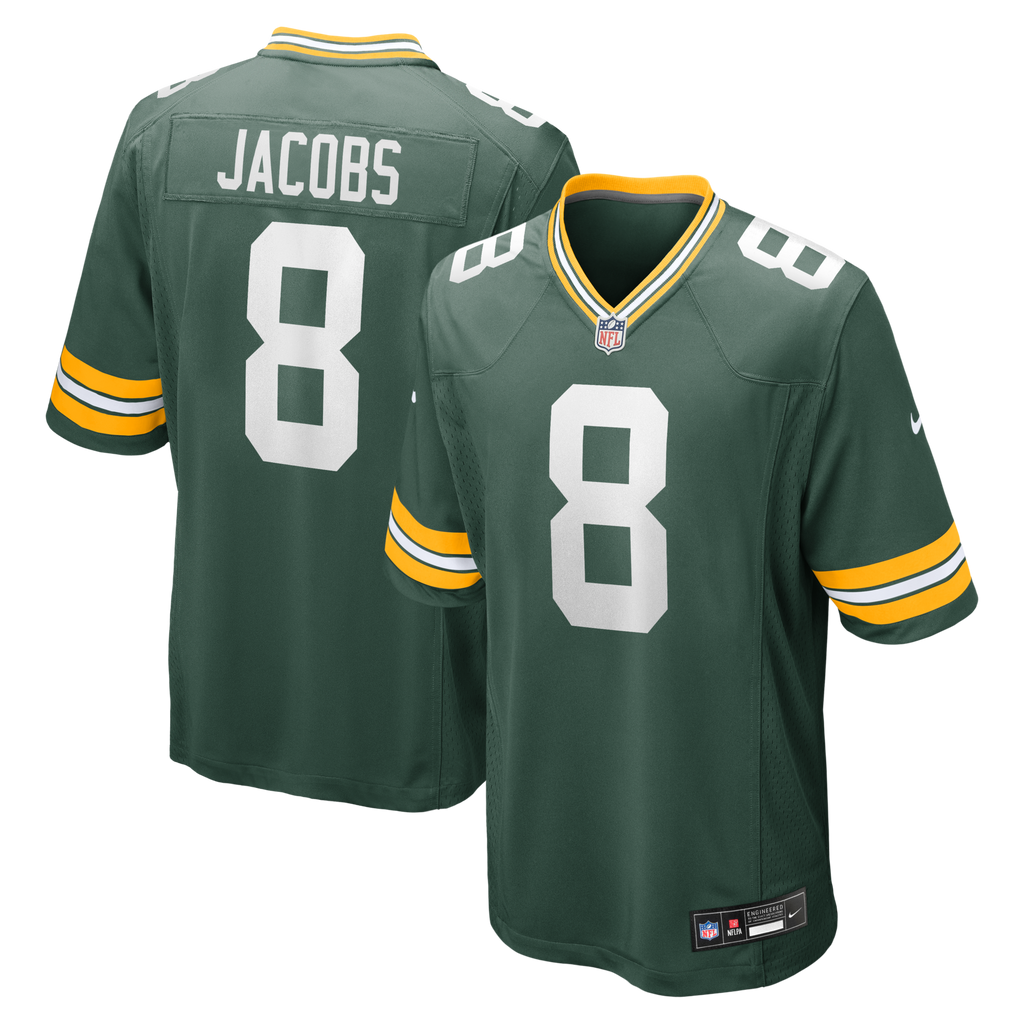Green Bay Packers Josh Jacobs Green Team Game Jersey product image 1, provided for visual reference and product detail review