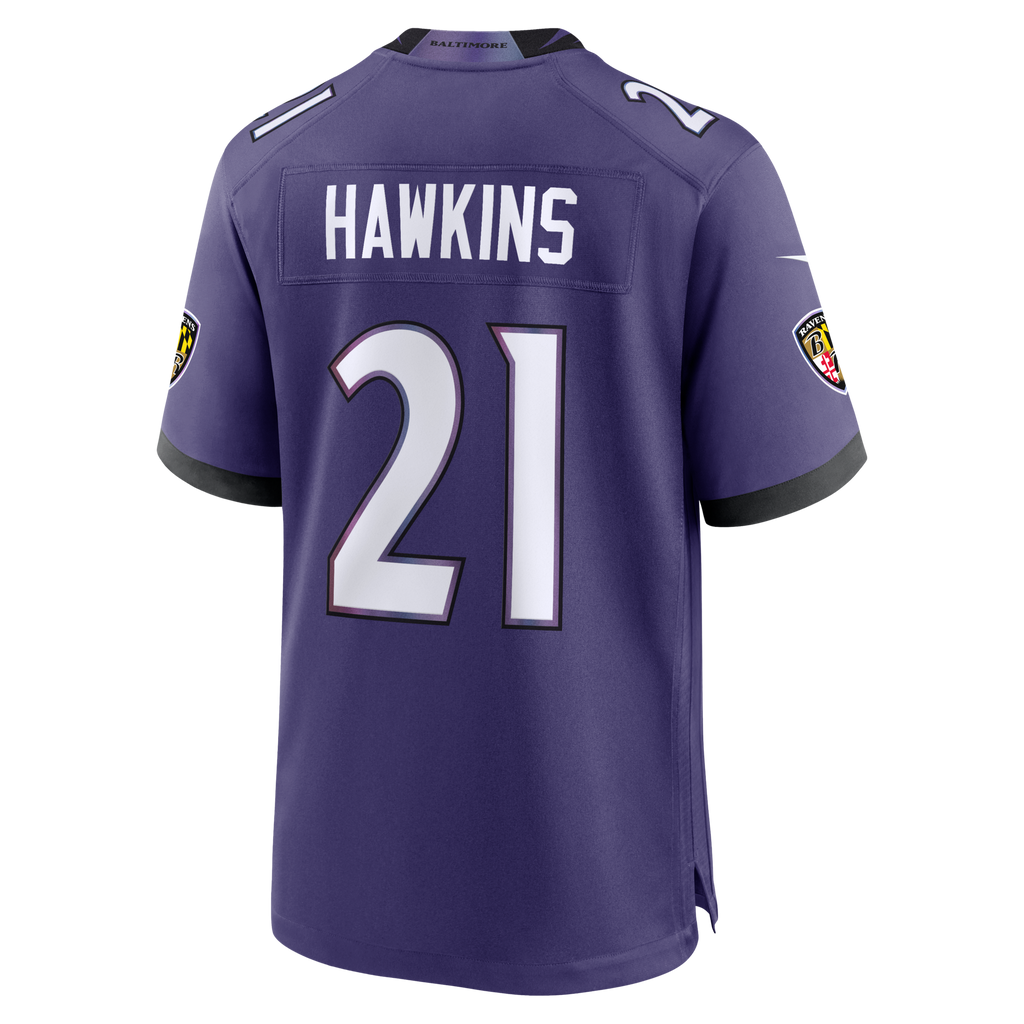 Baltimore Ravens Jaylinn Hawkins Purple Team Game Jersey product image 4, provided for visual reference and product detail