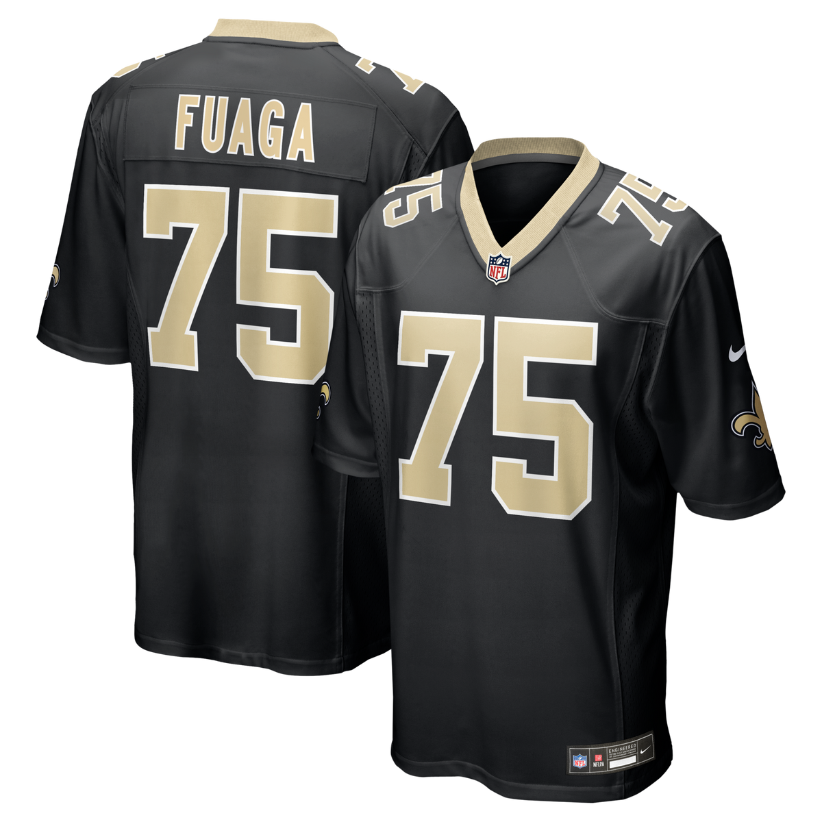 New Orleans Saints Taliese Fuaga Black Game Jersey product image 1, provided for visual reference and product detail review