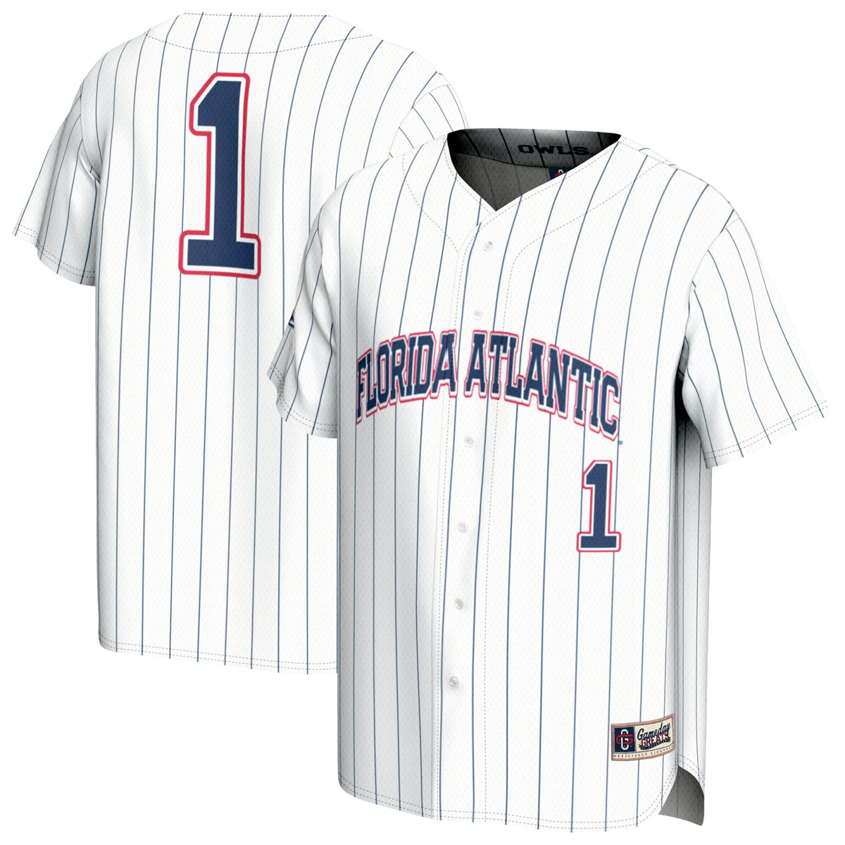 #1 Florida Atlantic Owls Collegiate Baseball Fashion Jersey - White product image 2, provided for visual reference and