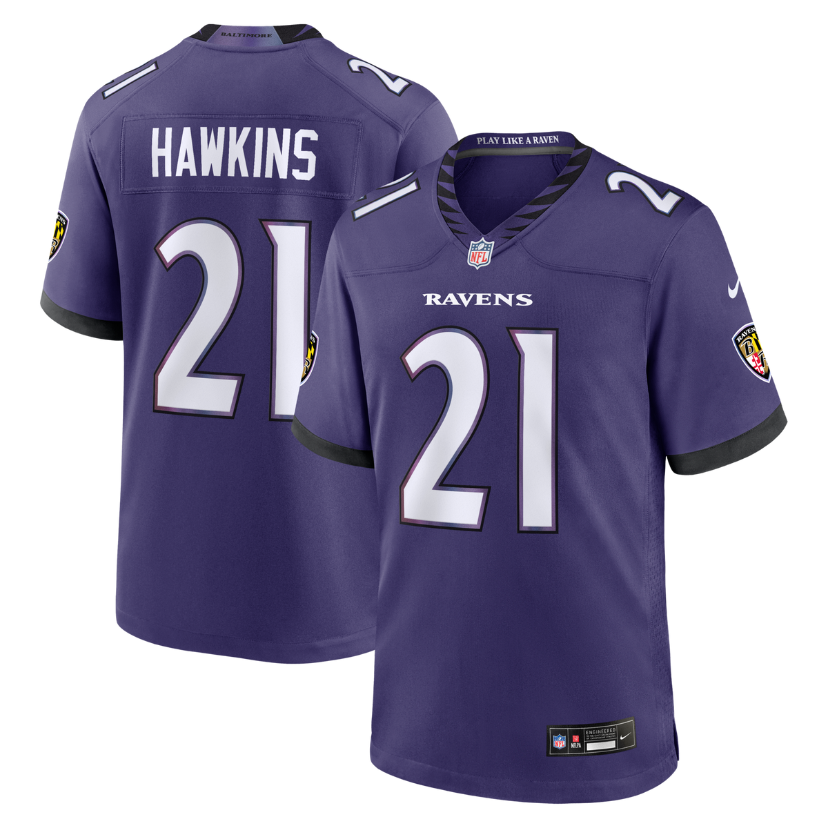Baltimore Ravens Jaylinn Hawkins Purple Team Game Jersey product image 2, provided for visual reference and product detail
